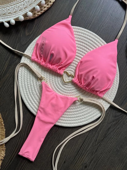 Sexy Halter Solid Color Low Waist Bikini Set Women's Swimsuit Two-piece Triangle Thong Swimwear Bathing Suit Brazilian Biquinis