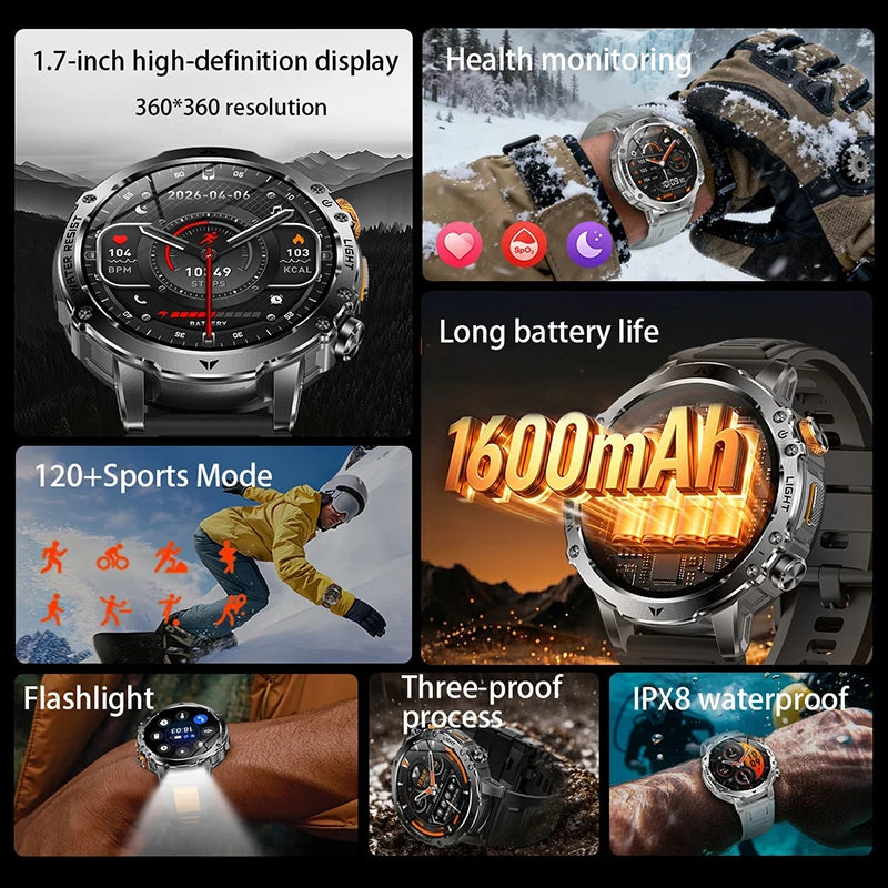 2026 New Men Outdoor Smart Watch 1.7" IPS 1600mAh  Battery Bluetooth Call IPX8 Waterproof Flashlight SOS Compass 120+Sport Modes