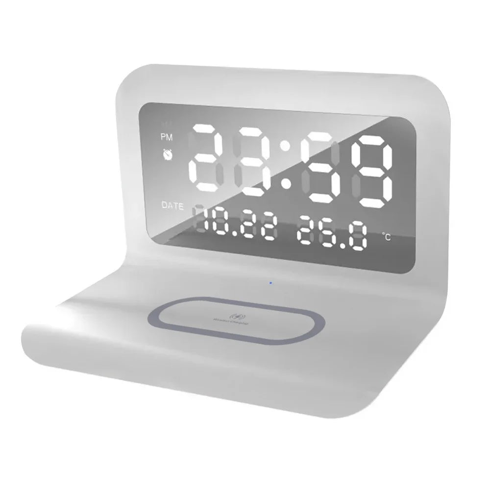 Trådlös Laddare 15W med Väckarklocka & Termometer – Qi USB-C iPhone 17–11 Samsung Xiaomi, 3 Alarm Celsius/Fahrenheit CE RoHS