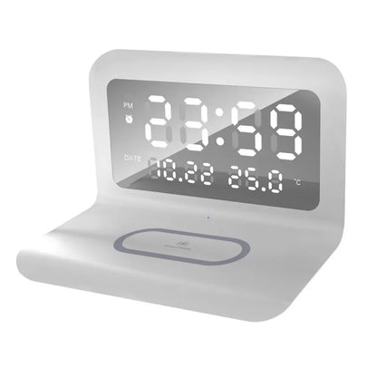 Trådlös Laddare 15W med Väckarklocka & Termometer – Qi USB-C iPhone 17–11 Samsung Xiaomi, 3 Alarm Celsius/Fahrenheit CE RoHS