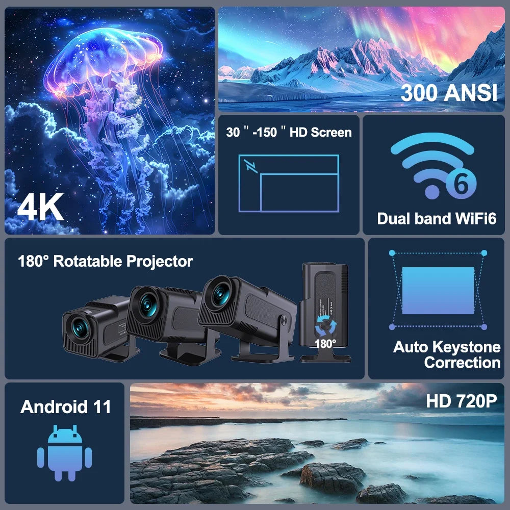 HY320 Mini Video Projector Native 720P Android 11 Projectors 300ANSI Wifi6 Cinema Outdoor Portable 180° Rotable BT5.0 4K Movie