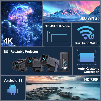 HY320 Mini Video Projector Native 720P Android 11 Projectors 300ANSI Wifi6 Cinema Outdoor Portable 180° Rotable BT5.0 4K Movie