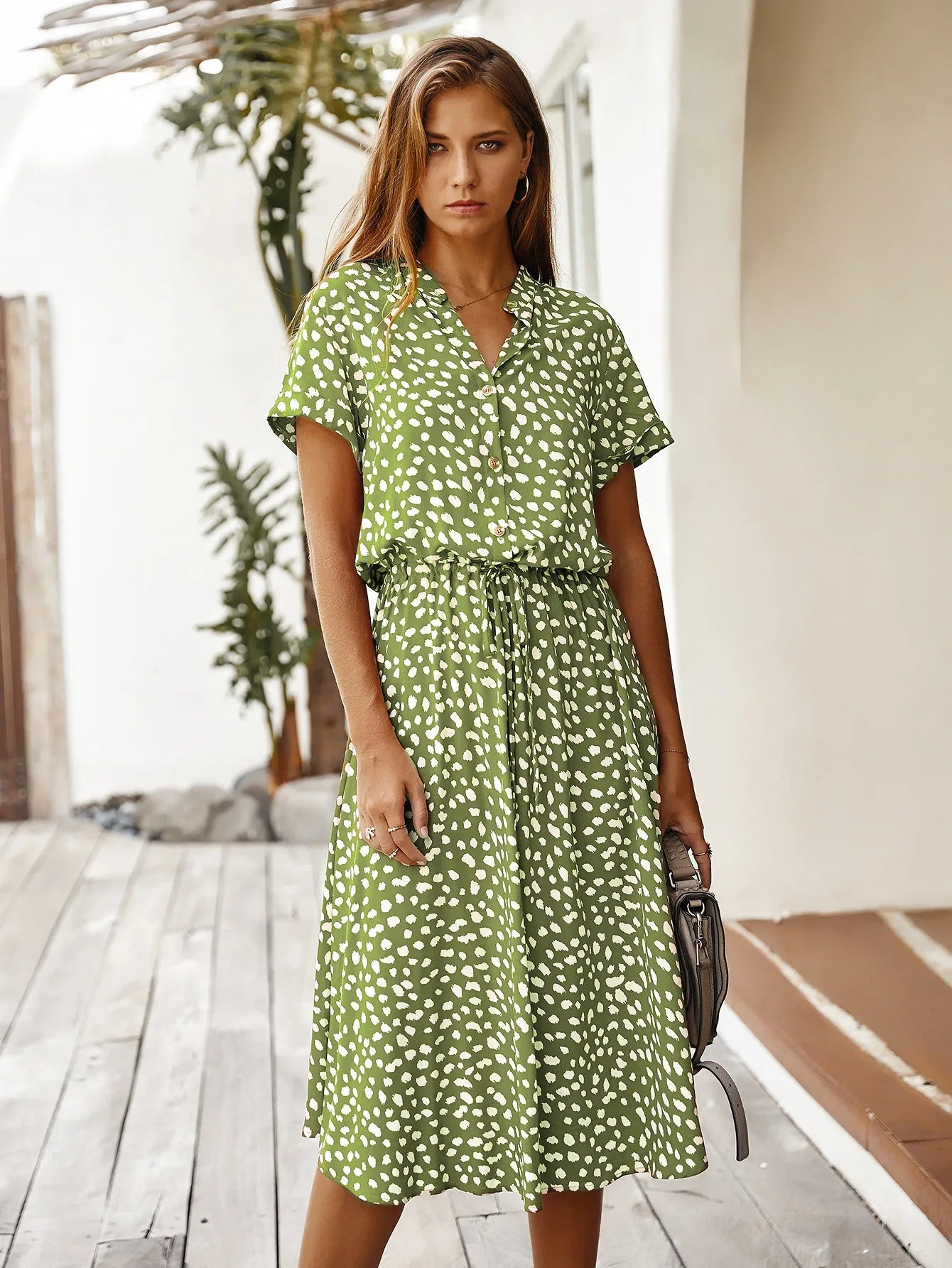 Vintage Blommig Boho Skjortklänning – Kortärmad, Lång, Nedvikt Krage, Skärp, 6 Färger, S–XL
