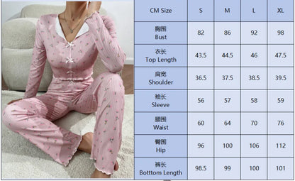 Blommigt pyjamasset dam – långärmad överdel och långbyxor, S–XL