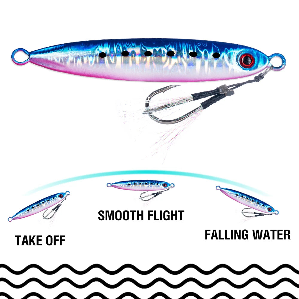 6Pcs Metal Jigging Lure 10-100g Slow Sinking Casting Bait 3D Eyes Luminous with Assist Hooks for Sea Fishing