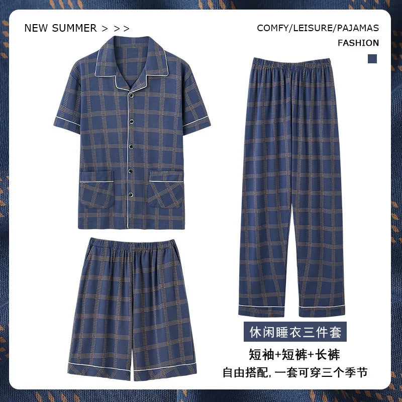 2023 New Cotton Sleepwear Men's 3 Pieces Set Homewear Plus Size 4XL Cardigan Nightwear Short Sleep Tops & Shorts & Long Pants