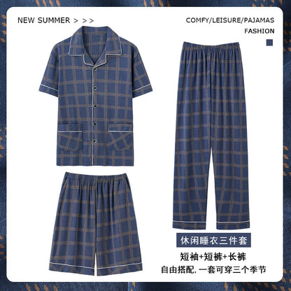 2023 New Cotton Sleepwear Men's 3 Pieces Set Homewear Plus Size 4XL Cardigan Nightwear Short Sleep Tops & Shorts & Long Pants