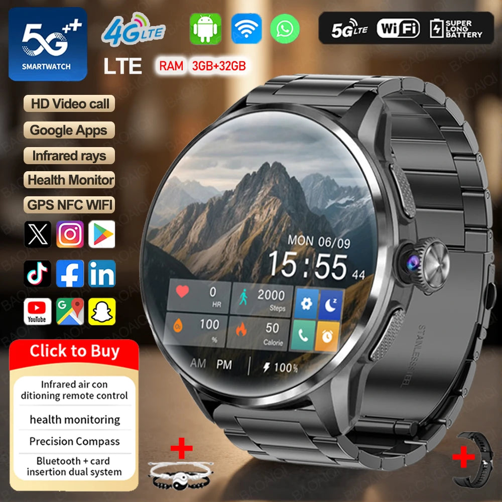 4G/3G Full Network Infrared Smart Watch 1.60 inch AMOLED Screen 800W Video Call  2100mAh Google Play WIFI GPS Compass Smartwatch