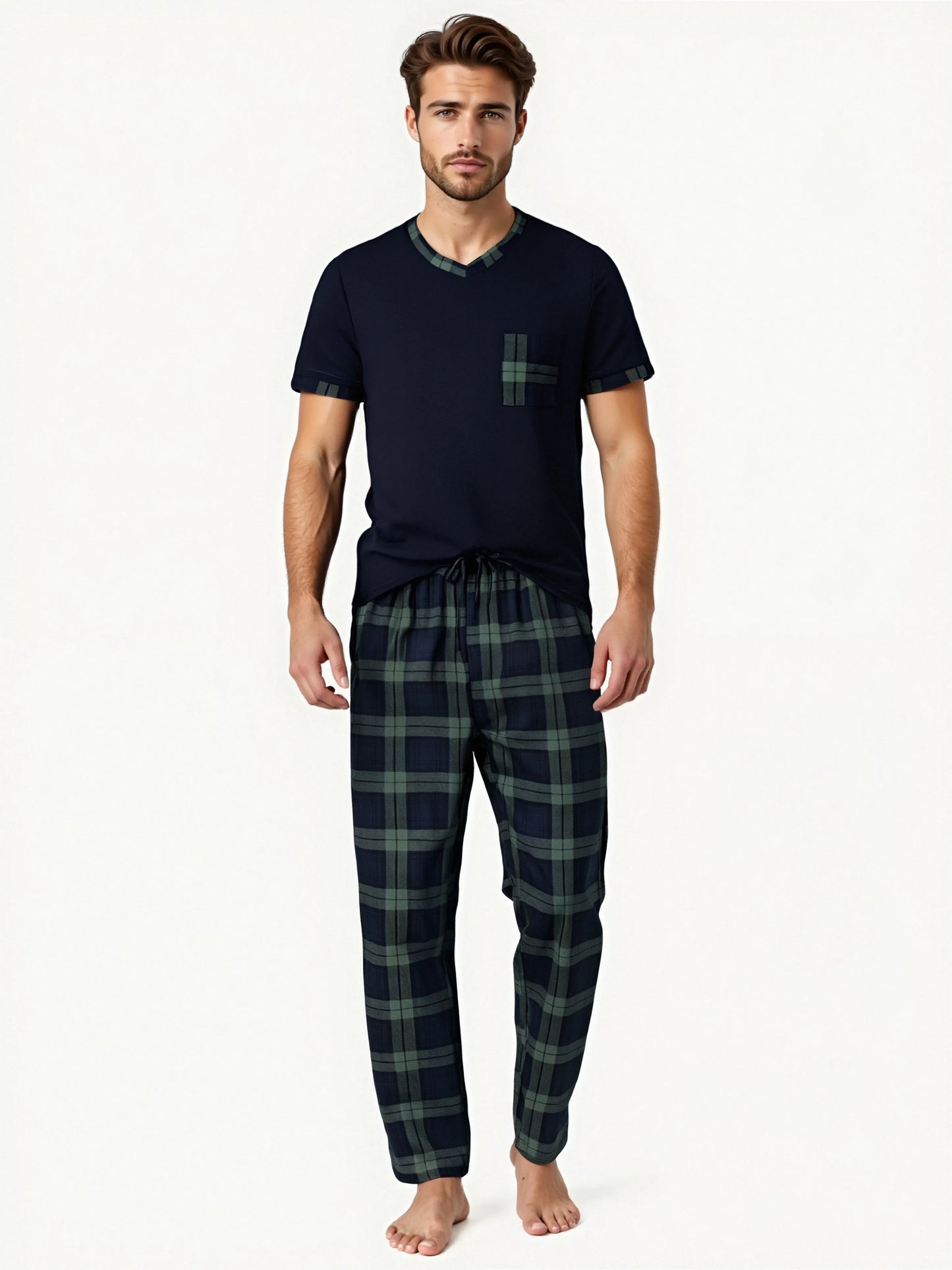 Herr Pyjamas Set Rutig – Kortärmad V-ringning & Byxor med Fickor Drawstring, 5 Färger M–1XL