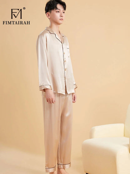 Fimtairah Real 19MM 100% Mulberry Silk Pajamas Men's Autumn  Hangzhou Solid Color heavy Silk Home Wear Men's