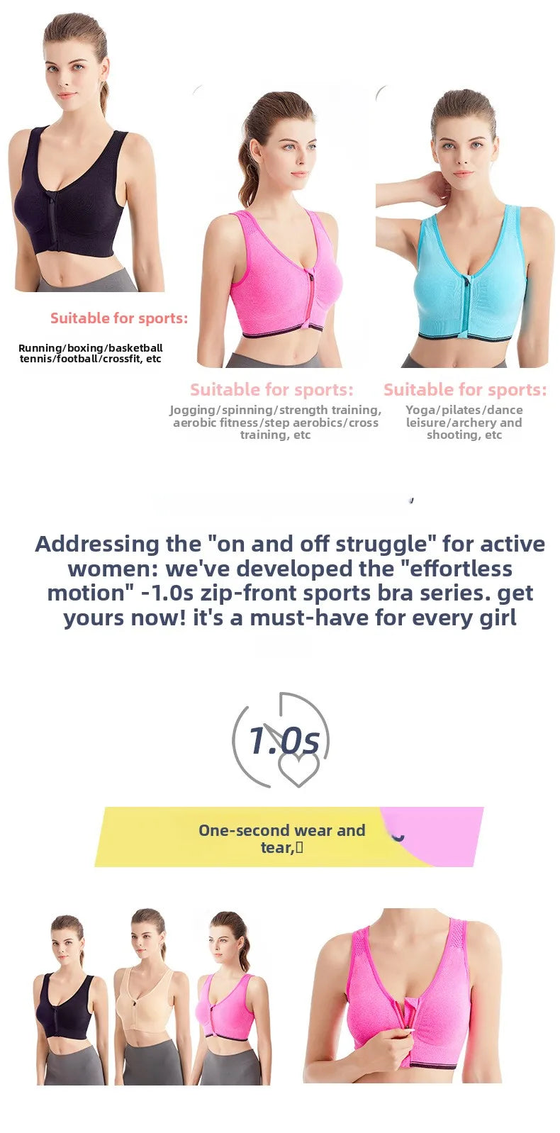 Front Zip Sports Bra High Impact Support Breathable Wire Free Running Yoga Top for Women