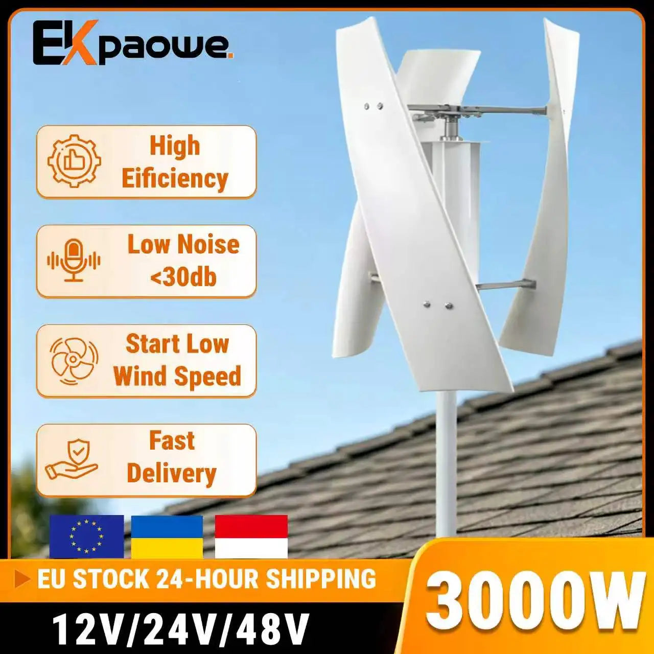 EKPAOWE Vertikal Vindturbin 3kW 12V/24V/48V – MPPT, Dual MPPT Sol+Vind Hybrid eller med 4×100W Solpaneler, EU-lager Polen