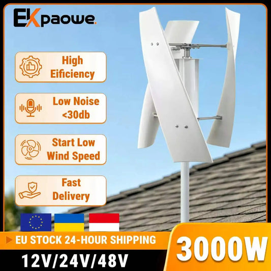EKPAOWE Vertikal Vindturbin 3kW 12V/24V/48V – MPPT, Dual MPPT Sol+Vind Hybrid eller med 4×100W Solpaneler, EU-lager Polen