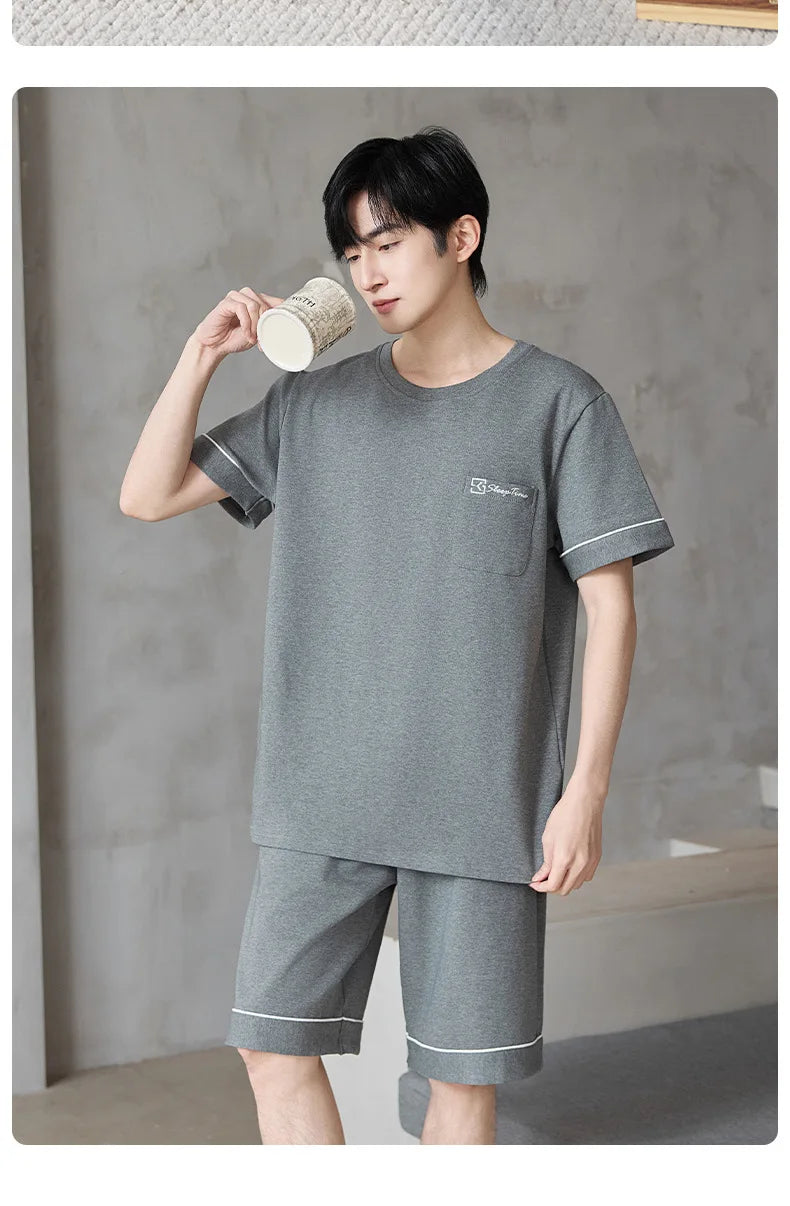 Short Sleeves & Shorts & Long Pant 3Pcs/set Cotton Nightwear for Men Summer Breathable Casual Sleepwear Male Loungewear Hombre