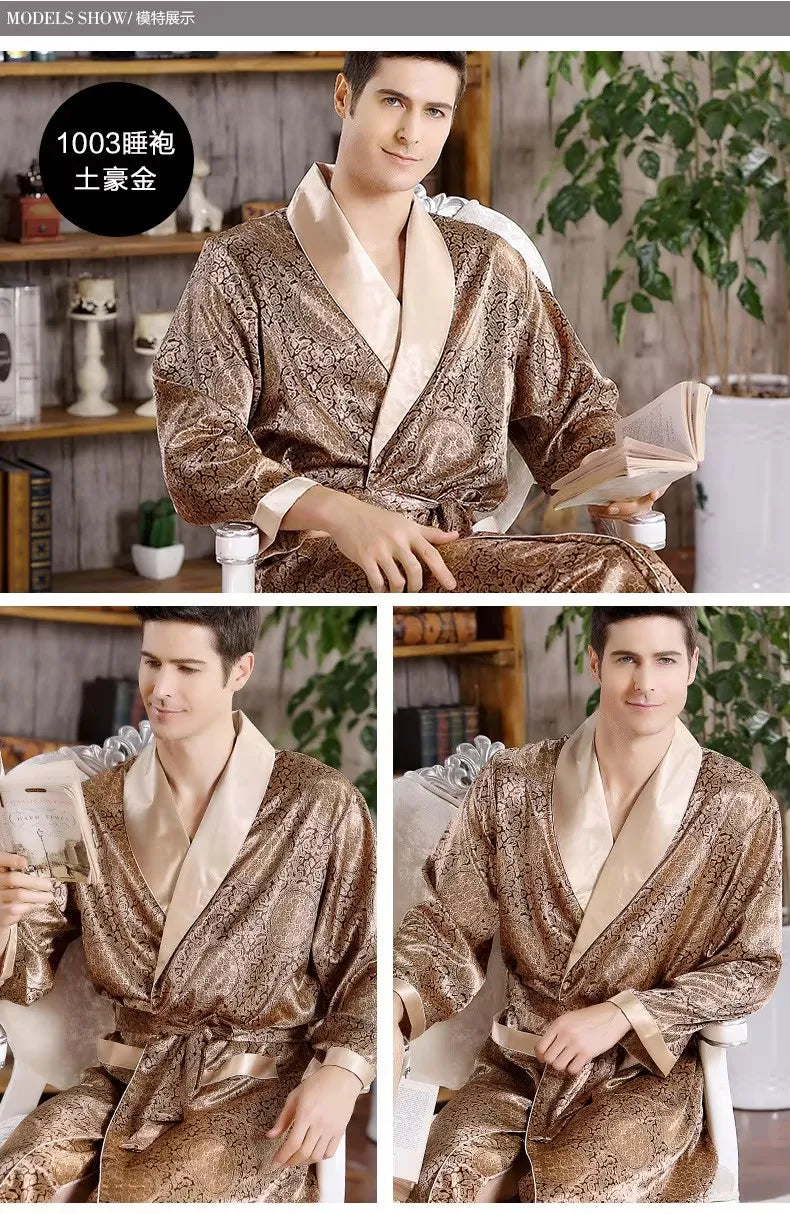 Plus Size 3XL 4XL 5XL Men Robe Sleepwear Navy Blue Stripe Kimono Bathrobe Gown with Pocket Summer Satin Home Clothes Lounge Wear