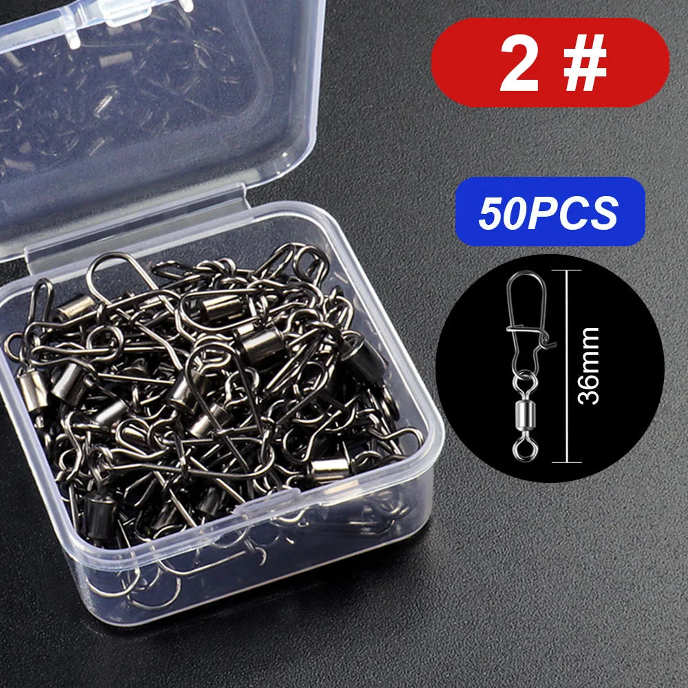 50pcs/box Swivel Snap Connector Pin Rolling Ring Fishing Tackle Box Buckle Hook Lure Kit Wire Rotate Bearing Pesca Tool Gear
