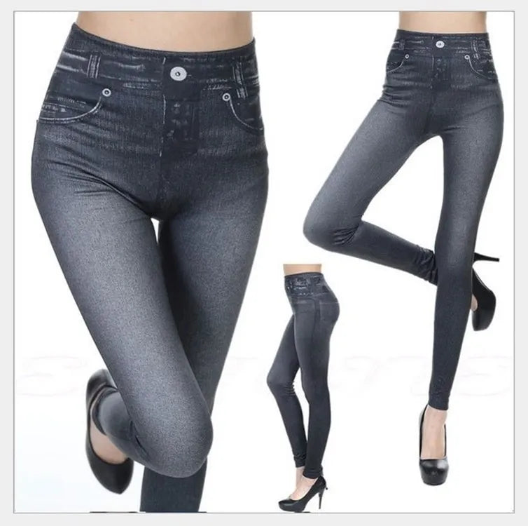 Dam Denim-print Leggings – Slim Faux Jeans Stretch Hög Midja Ankellång Casual Kontor, 3 Färger S–3XL