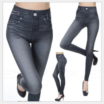 Dam Denim-print Leggings – Slim Faux Jeans Stretch Hög Midja Ankellång Casual Kontor, 3 Färger S–3XL