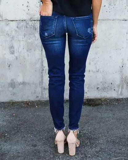 Women Jeans Denim Pencil Pants Pockets Streetwear Slim Mom Holes Punk Sexy Sheath High Waist Washing Distressed Ankle Length