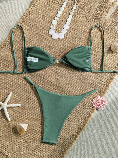 Sexy Solid Color Swimsuit Women' Swimwear 2026 New Bandeau Bikinis Rings Bikini Bandage Beachwear Two Piece Bathing Suit