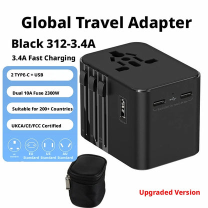 Global Power Converter for Travelers: Multi-Standard Plug (US/EU/UK/AU), 2000W Max, 4 USB Charging, Safety Door