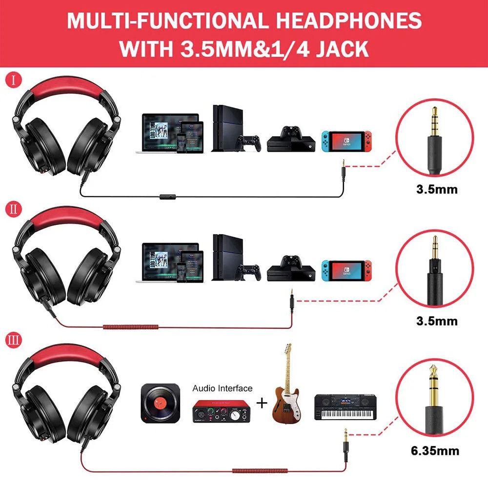 OneOdio Studio DJ Headset Over-Ear – 40mm Neodym 32Ω 110dB 90° Roterande Avtagbar Kabel 3,5mm/6,3mm CE 2 Års Garanti Röd