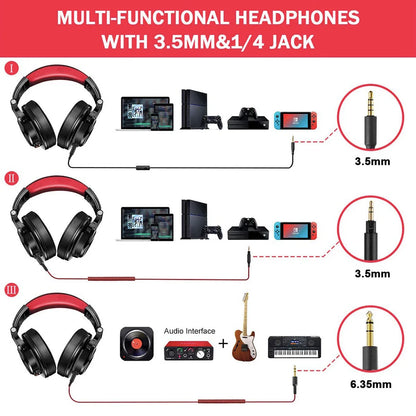 OneOdio Studio DJ Headset Over-Ear – 40mm Neodym 32Ω 110dB 90° Roterande Avtagbar Kabel 3,5mm/6,3mm CE 2 Års Garanti Röd