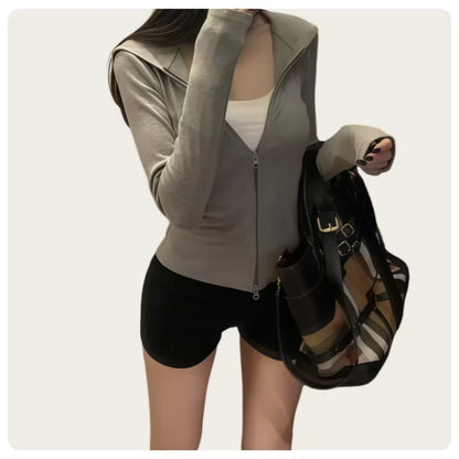 Korean Style Spring and Autumn Women's Light Gray Vertical Stripe Slim-Fit Thin Short Jacket with Two-Way Zipper Hoodie