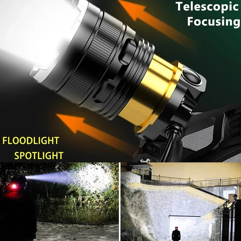 XIWANGFIRE XHP90.2 Pannlampa 50W – Zoom, Rörelsesensor, Vattentålig, 100–300m, Camping & Fiske