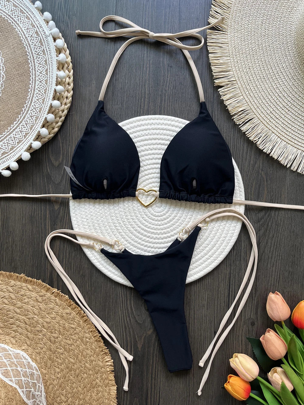 Sexy Halter Solid Color Low Waist Bikini Set Women's Swimsuit Two-piece Triangle Thong Swimwear Bathing Suit Brazilian Biquinis
