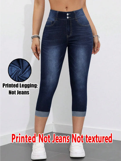 2007 [Printed Pants - Not Denim Fabric] Printed Legging - Not Denim Fabric Women's Imitation Denim Capri Pants Summer Blue