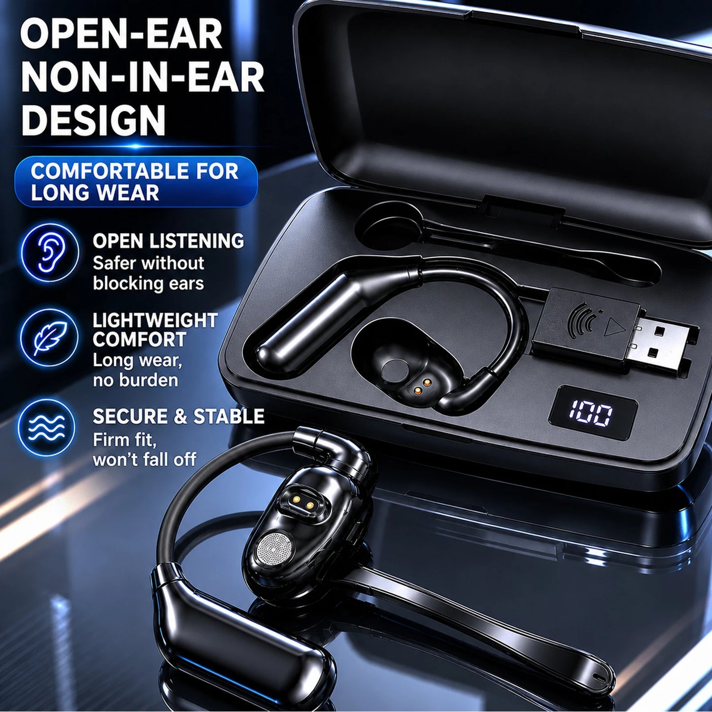 Wireless Earpiece with USB Dongle Noise Cancelling Earpiece Sport Open Ear Single Ear BT Headset for Driver Office