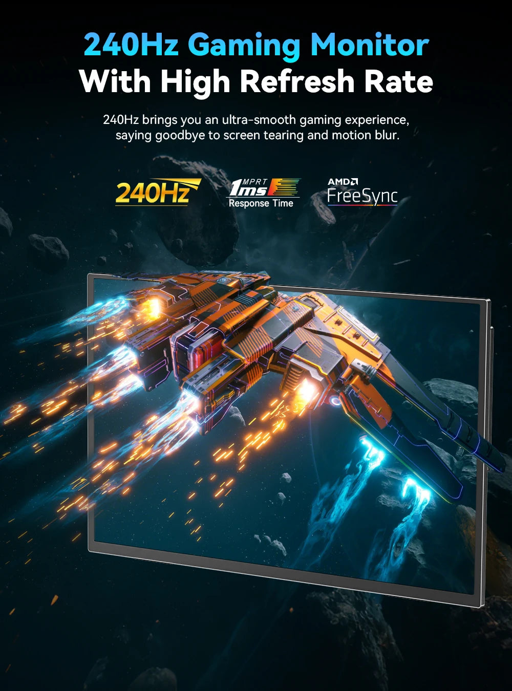 UPERFECT 24,5" Portabel Gaming Monitor – 240Hz 1ms IPS 460 nits HDR10 FreeSync USB-C Mini-HDMI VESA Laptop PS5 Switch