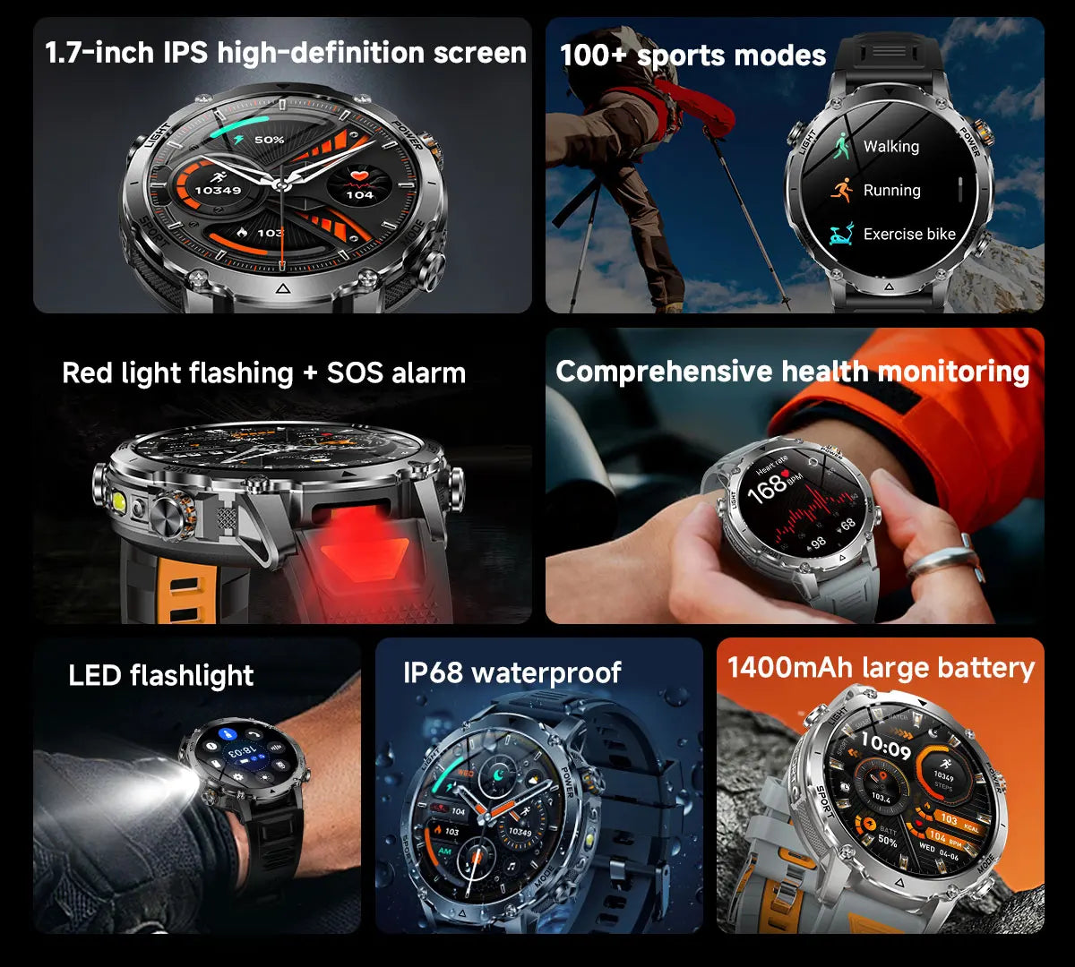 New 1400 mAh Battery Military Smartwatch Men IP68 Waterproof Flashlight Health Monitor Sports Call Smart Watch For iOS Android