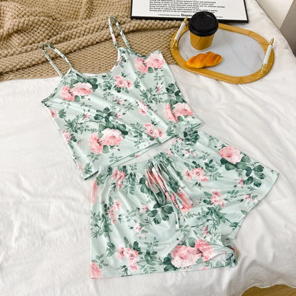 Women's Floral Print Pajama Set Spaghetti Strap V Neck Shorts Sleepwear Summer Breathable Loungewear Multi Print Casual Homewear