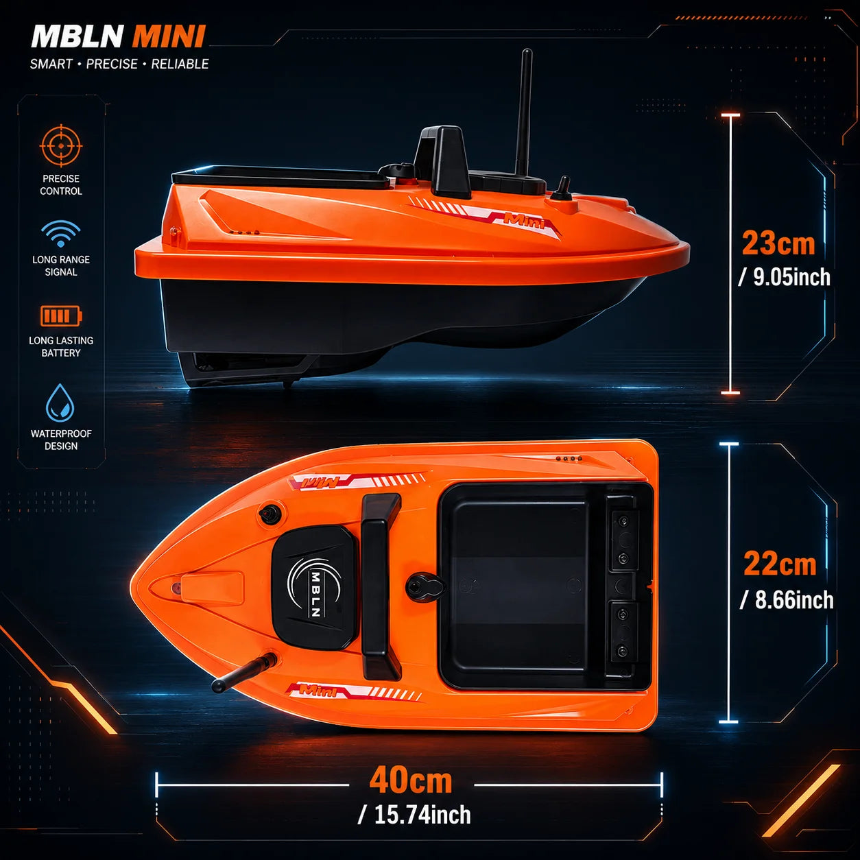 MBLN GPS RC Baitbåt – 500m Räckvidd, 1,5kg Hink, GPS-navigering & Autohåll