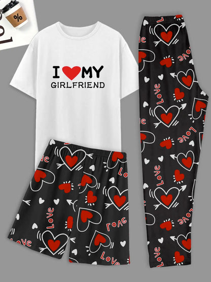 Men's pajama set of 3 pieces, heart-shaped printed shorts, pants and a top print of "I Like My Girlfriend"