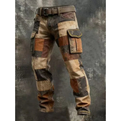 Male New Men Cotton Autumn Winter Patchwork Cargo Pants Multi Pocket Straight Tactical Work Outdoor Daily Wear Trousers 4 Colors