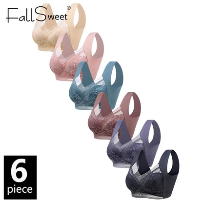 FallSweet 6PCS Ice Silk Lace Bras for Women Wireless Push Up Bralette Deep V Plus Size  Brassiere Soft Lingerie Mom Underwear