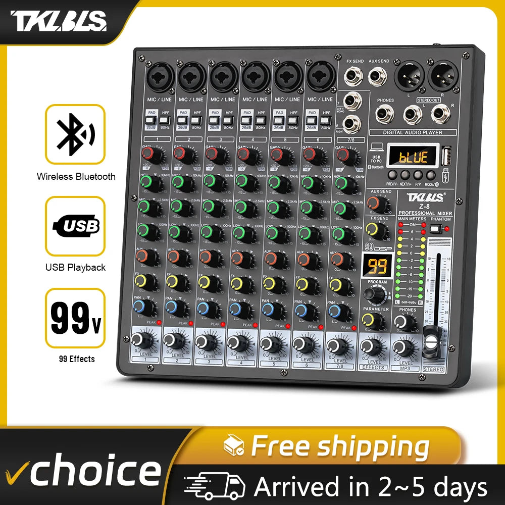 TKLBLS Z8 8 Channel Professional Mixer Bluetooth 48V 12V Battery Powered USB Studio Recording Live Show