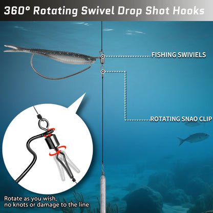 9KM 30Pcs Ewg Drop Shot Hooks with Swivels Bass Fishing Texas Rig Hooks Worm Fishing Hook High Carbon Steel