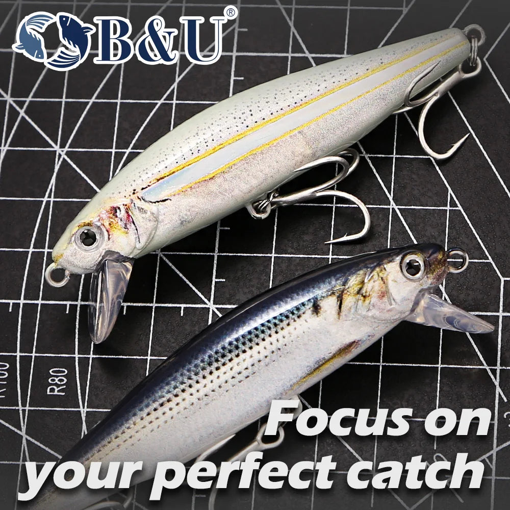 B&U Sinking Sea Fishing Minnow Lure  Long Cast Hard Bait with Sharp Treble Hooks, Saltwater Lures for Sea Bass Pike