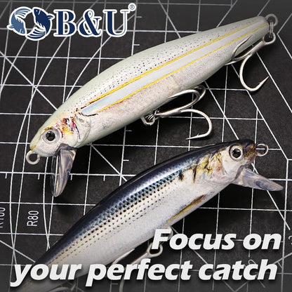 B&U Sinking Sea Fishing Minnow Lure  Long Cast Hard Bait with Sharp Treble Hooks, Saltwater Lures for Sea Bass Pike