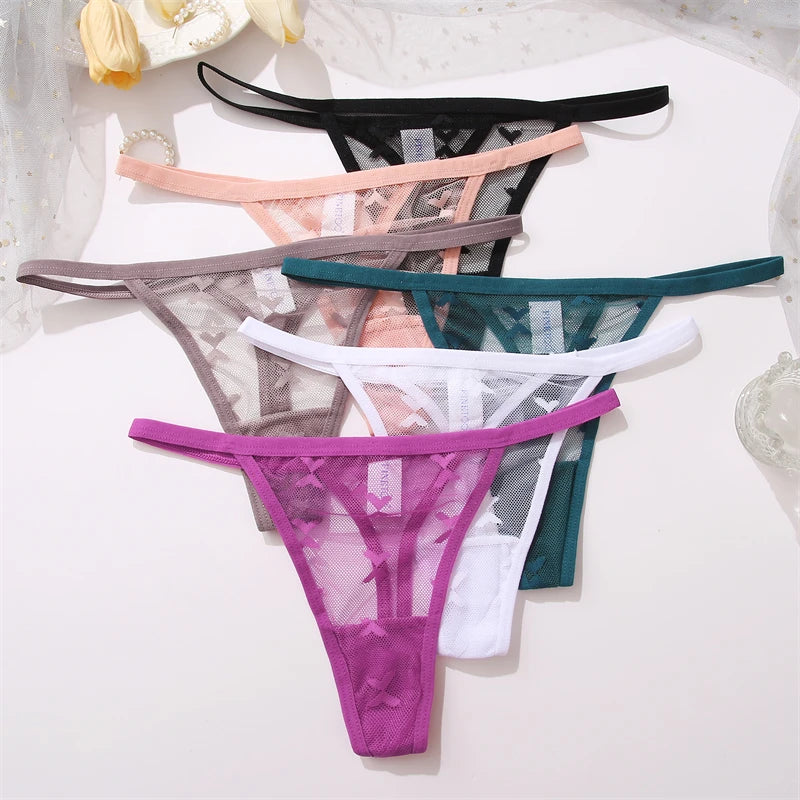 FINETOO Women Sexy Lace Thong Low Waist Hollow Out G-String Female Seamless Transparent T-Back Underwear Solid Intimates Panties