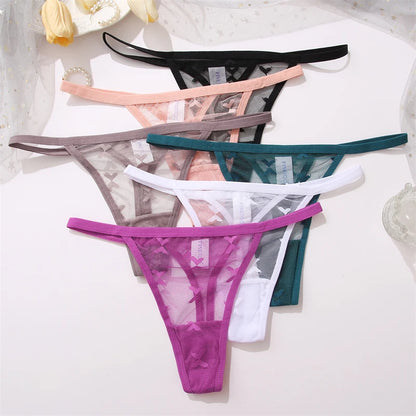 FINETOO Women Sexy Lace Thong Low Waist Hollow Out G-String Female Seamless Transparent T-Back Underwear Solid Intimates Panties