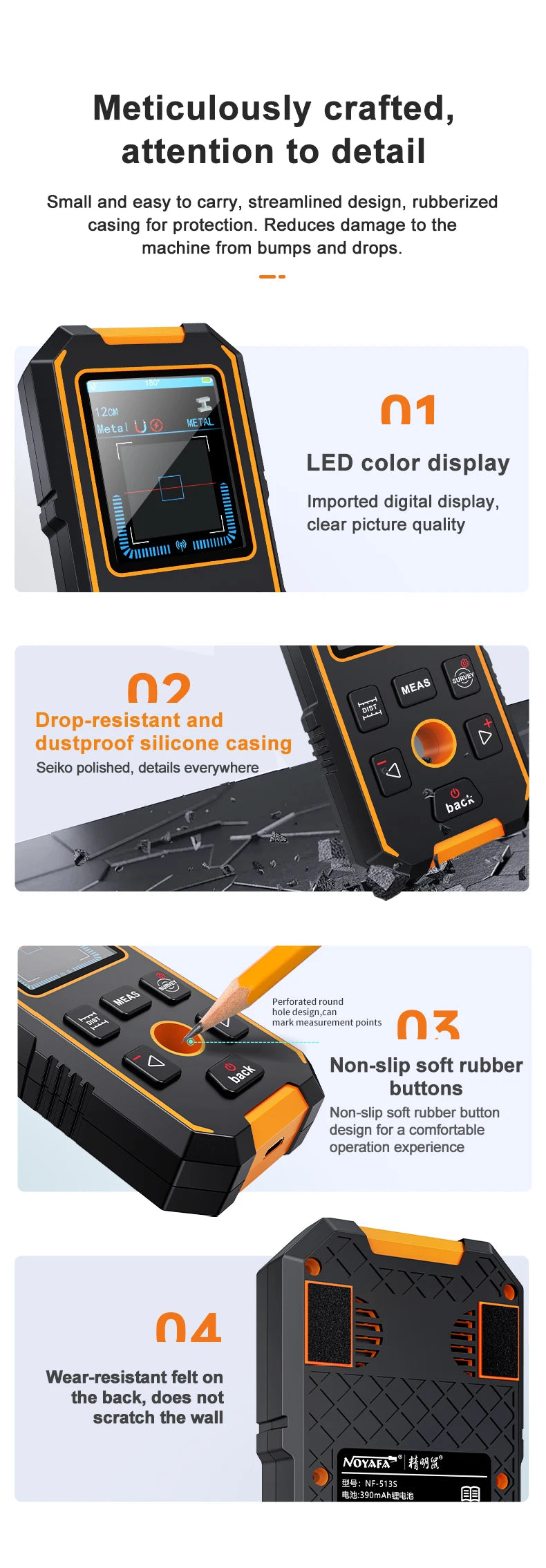 NOYAFA NF-513S Metal Detector Wall Scanner AC Live Cable Wires Metal Wood Stud Find with Positioning Hole Wall Detector