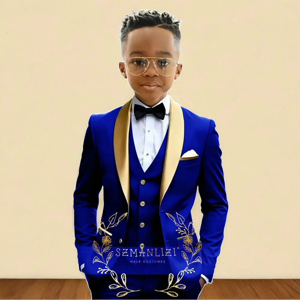 Oil Green Boys Suit 3 Pieces Wedding Tuxedo for Kids Jacket Pants Vest Gold Shawl Lapel Child 2-16 Years Old Customized Outfit