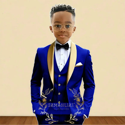 Oil Green Boys Suit 3 Pieces Wedding Tuxedo for Kids Jacket Pants Vest Gold Shawl Lapel Child 2-16 Years Old Customized Outfit