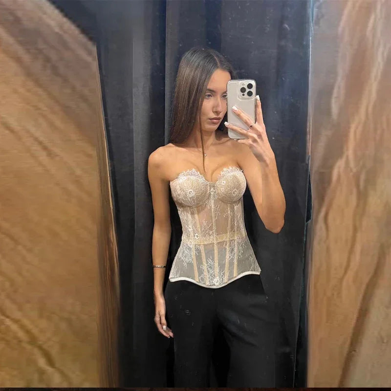 Sexy Women's Lace Fishbone Bandage Vest Black Slim Strapless Backless Female Corset 2026 Spring Summer Lady Beach Party Top New