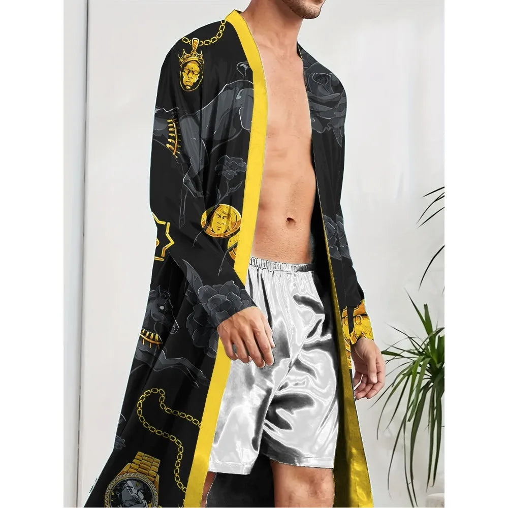 Men's Long Robe Quick Drying Spring and Autumn Home Trend Fun Digital Printed Nightgown for Leisure and Entertainment.